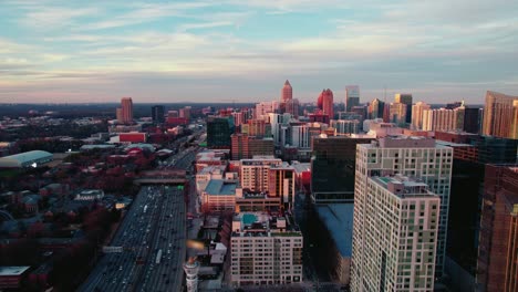 Establisher-aerial-of-North-Atlanta,-Georgia,-USA-during-sunset