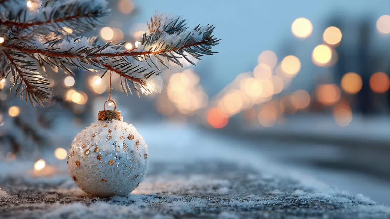 Krásná zimní scenérie s větvemi pokrytými sněhem, třpytivými ozdobami a jemnými bokeh světly v pozadí, která zachycuje ducha svátečního období.