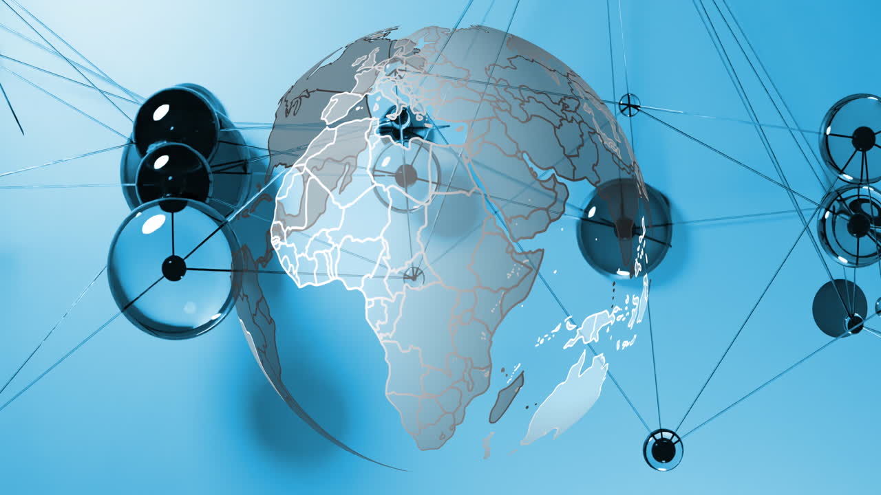 파란색 배경에 선으로 연결된 투명한 원 위에 회전하는 지구의 애니메이션