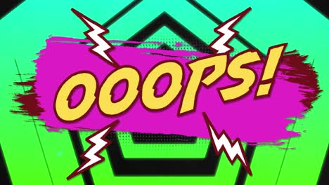 animación de texto ooops sobre formas verdes sobre fondo negro