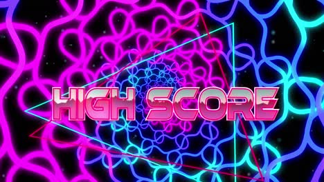 Animation-of-high-score-text-over-moving-shapes-on-black-background