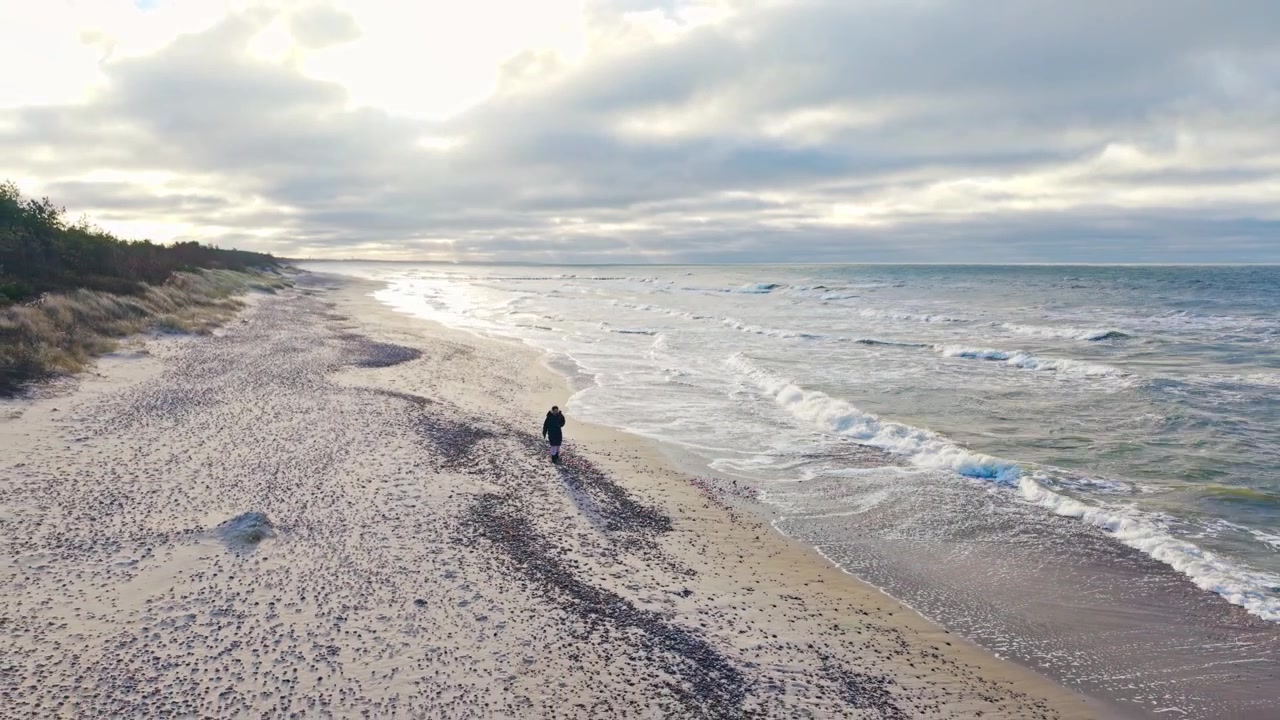Il drone si allontana lentamente rivelando una figura solitaria accanto alla risacca baltica spazzata dal vento.