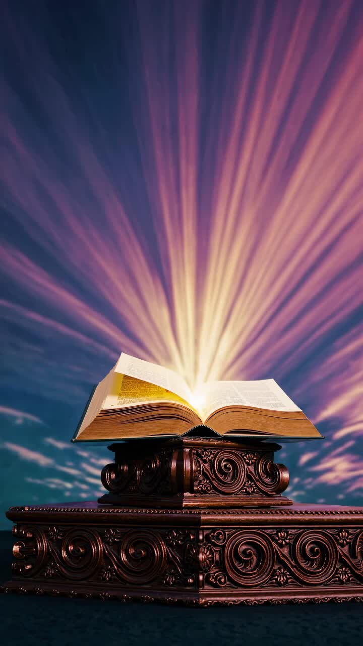 A majestic open book on an ornate pedestal, captured from a low angle