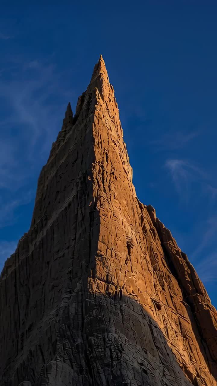 Vertical video: Tilting camera showing spire at base to capture sunlit face, dark band, blue sky