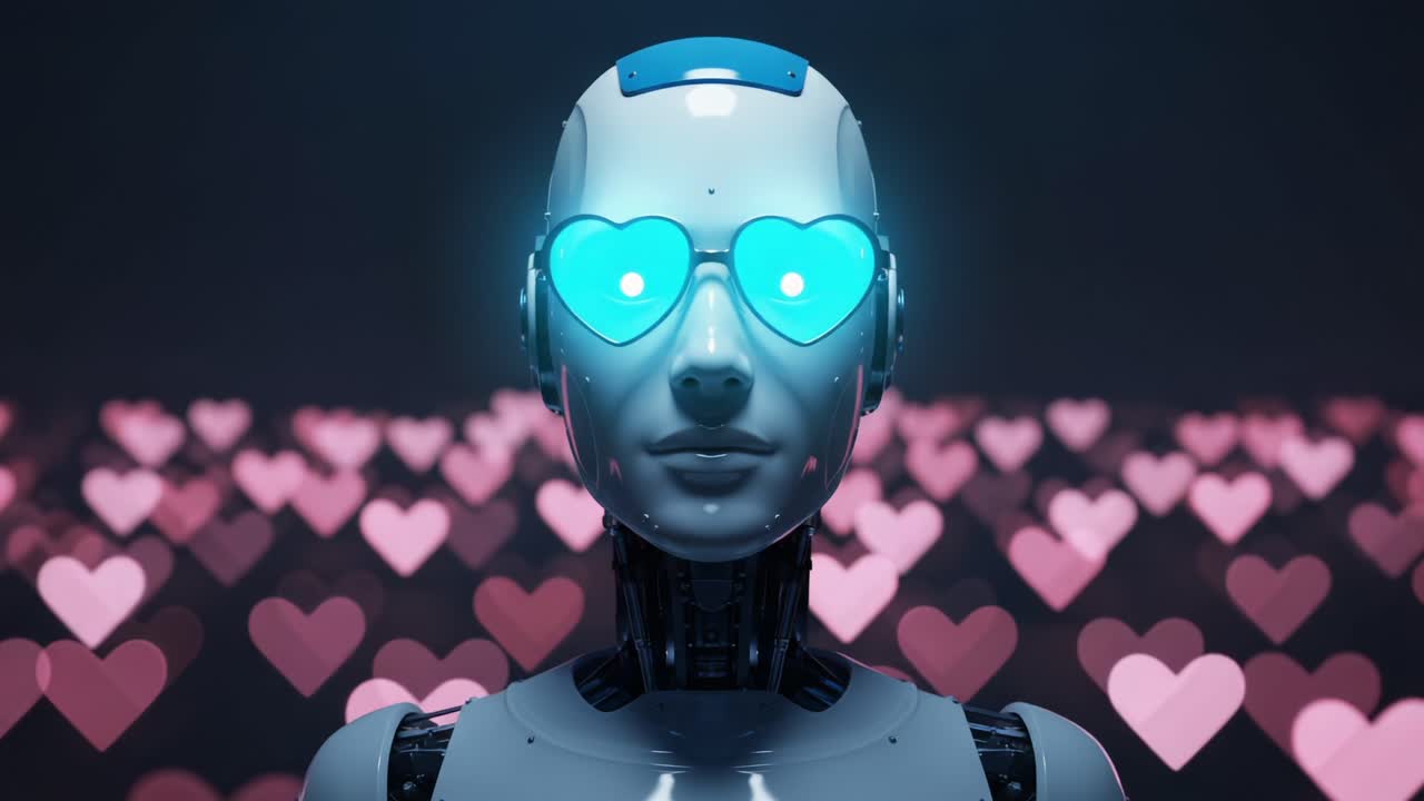 A futuristic robotic figure with heart-shaped glasses gazes into the distance, surrounded by a dreamy backdrop of glowing pink hearts, representing love and technology in harmony