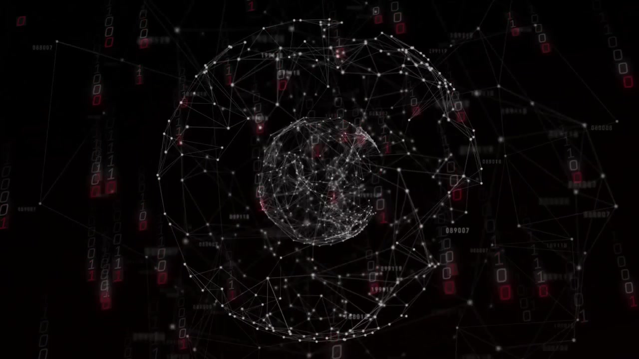 Outer sphere appearing, digital orb pulsing and red code clusters cascading visualizing data flow