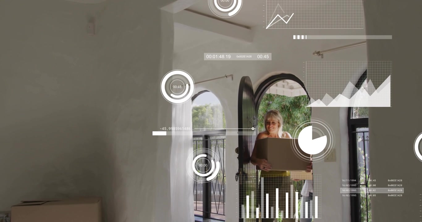Woman carrying box pushing door, stepping inside moving in while HUD graphs appearing for home tech