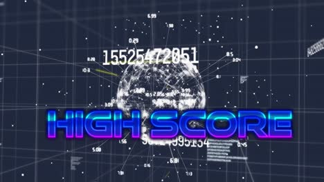 Animation-of-high-score-text-over-data-processing-and-globe