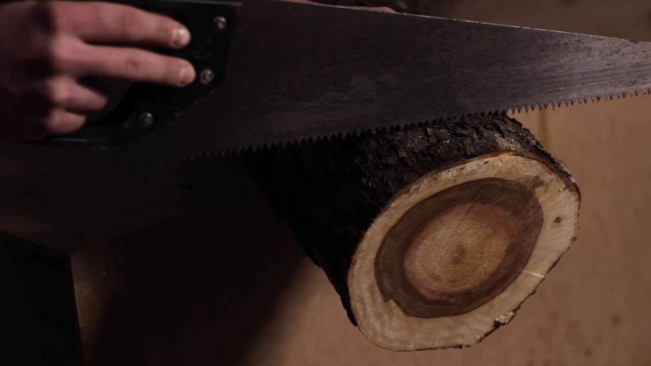 톱으로 나무 통나무를 천천히 자르려고 노력하고, 클로즈업