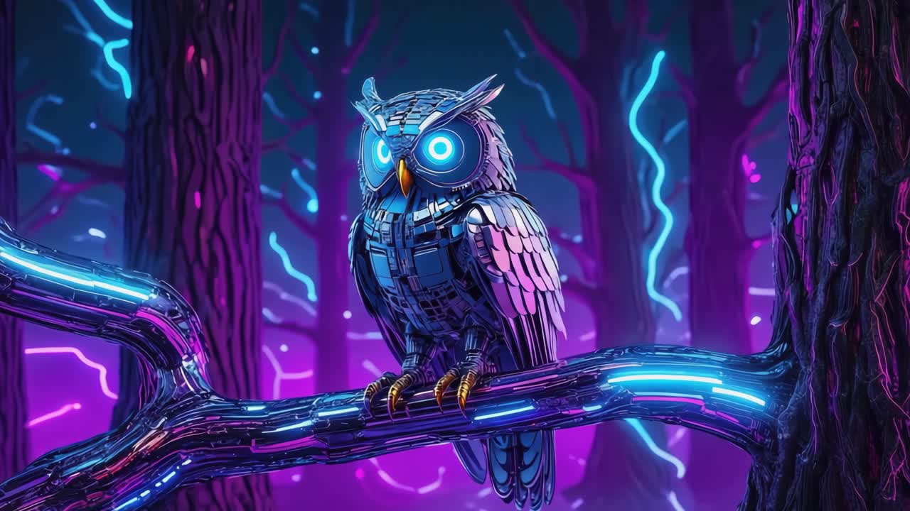 Gufo Cibernetico Appollaiato in una Foresta al Neon