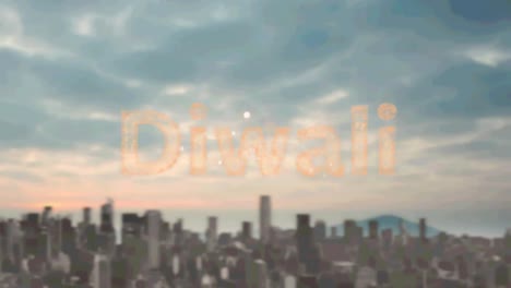 Diwali-Text-über-Feuerwerk,-Das-Vor-Der-Luftaufnahme-Der-Stadtlandschaft-Explodiert