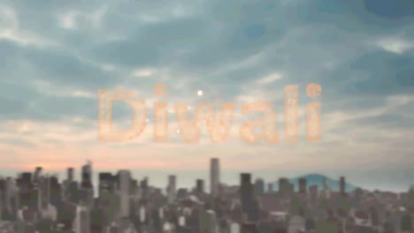 diwali text over fireworks exploding against aerial view of cityscape