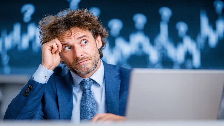 Uomo d'affari intento in profonda riflessione mentre analizza le tendenze dei dati su un laptop, mostrando preoccupazione e concentrazione sull'analisi di mercato in un moderno ambiente d'ufficio