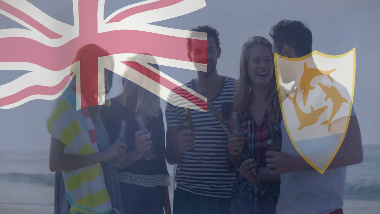 On beach, friends holding Anguilla and Union Jack flags with animation overlay