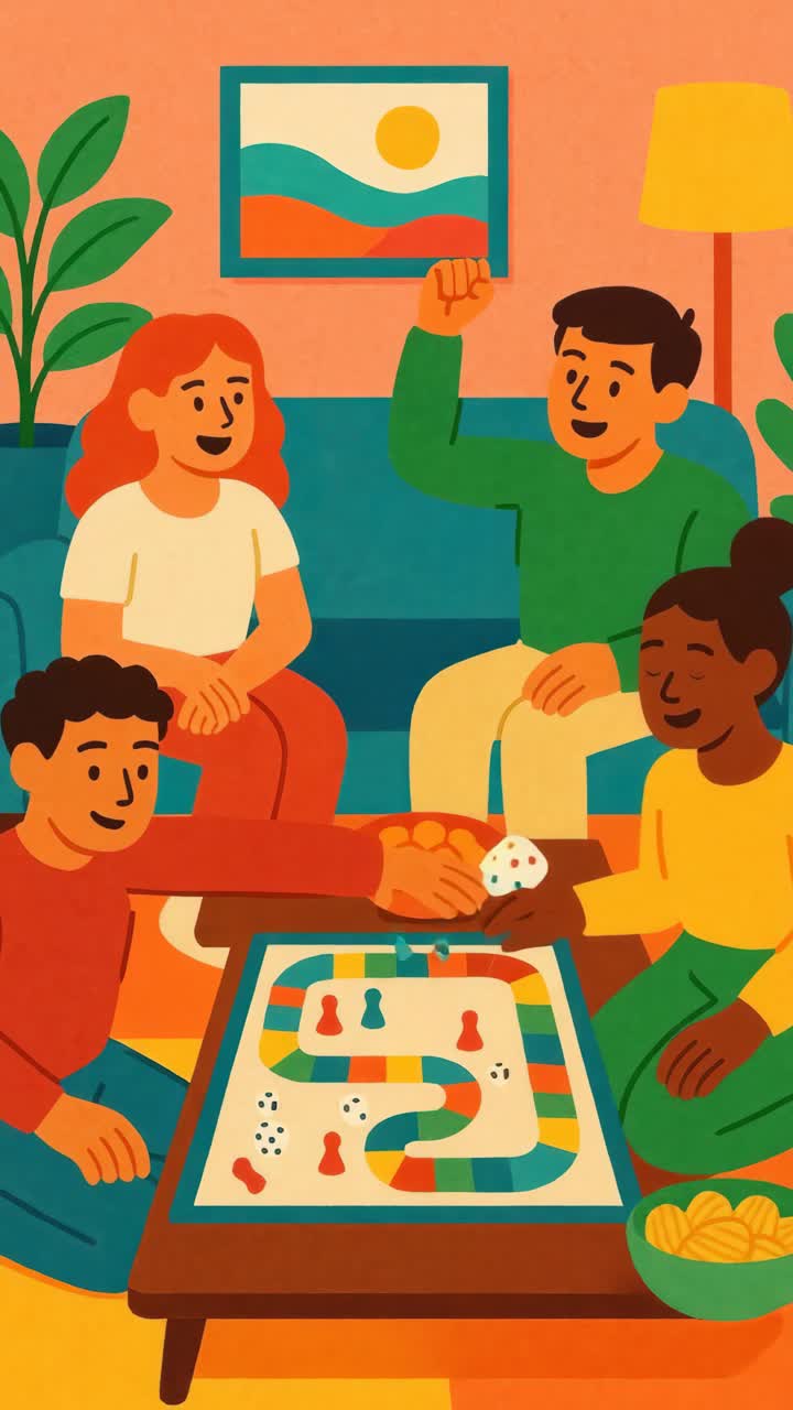 Concetto video illustrato di amici che giocano a un gioco da tavolo. Colori caldi, angolazione dall'alto, ambiente accogliente