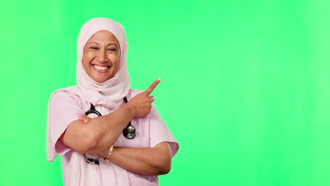 Face,-happy-and-muslim-nurse-on-green-screen