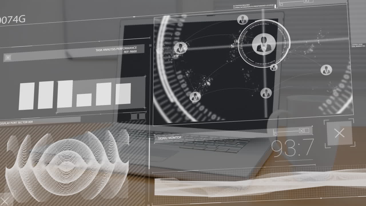 나무 표면에 노트북에 대한 데이터 처리와 디지털 인터페이스의 디지털 복합 비디오