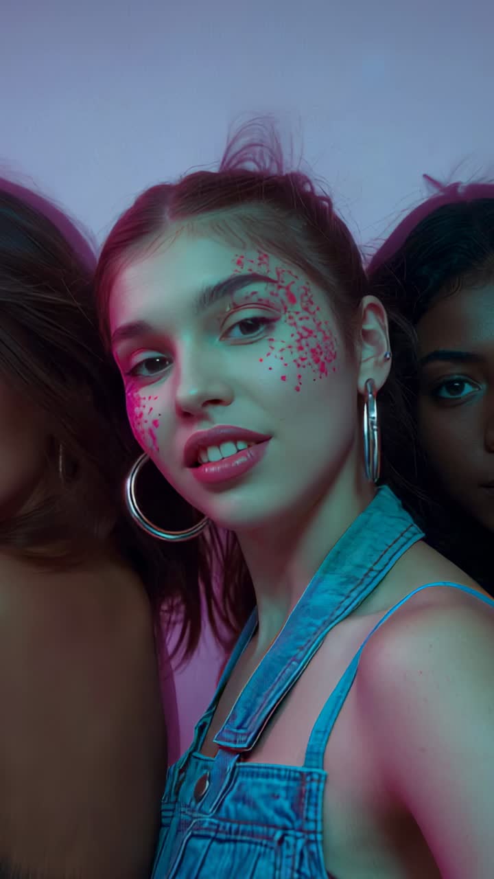 Vertical video: Model in overalls at start glancing tilting head in studio group shot, with hoops