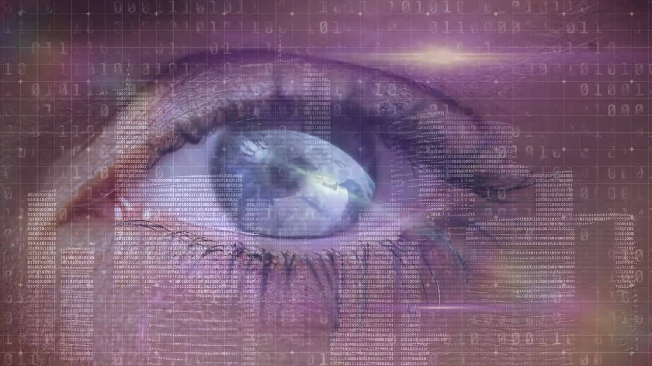 animación del procesamiento de datos y codificación binaria sobre el ojo azul