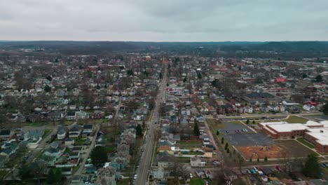 Aerial-pan-of-Lancaster,-Ohio-neighborhoods,-Winter