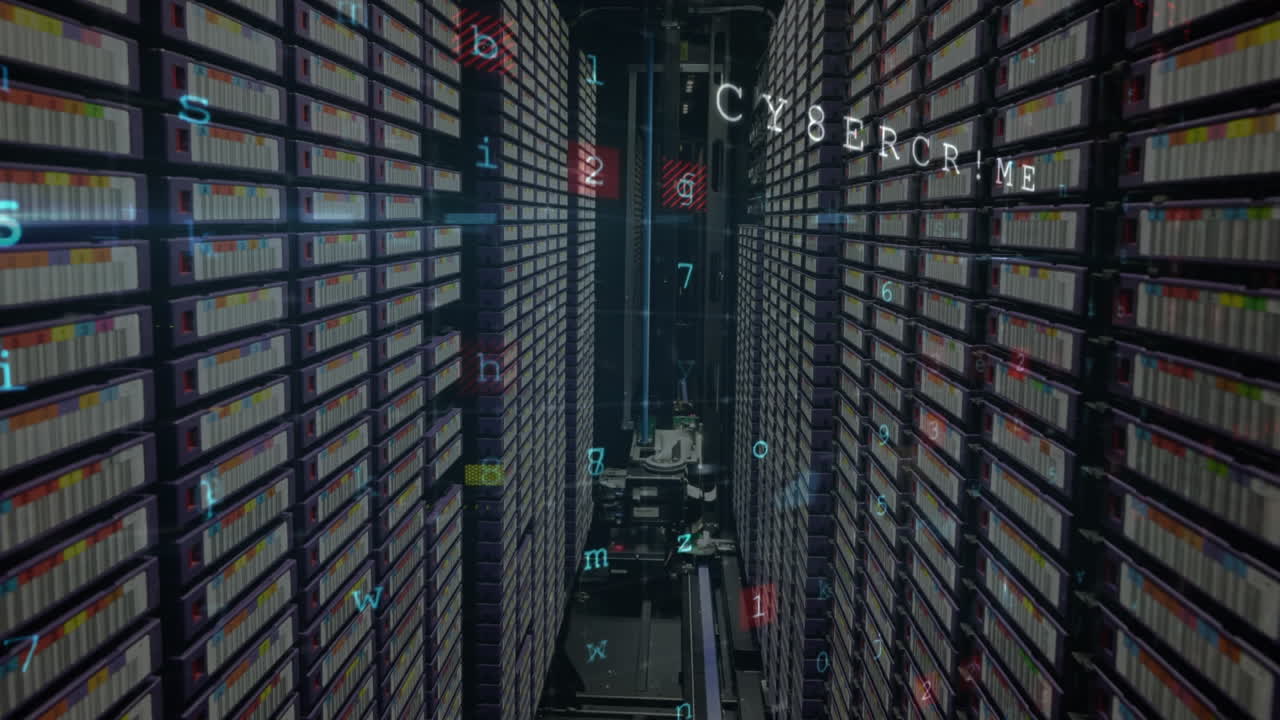 Animation of data processing and hacking texts over server room