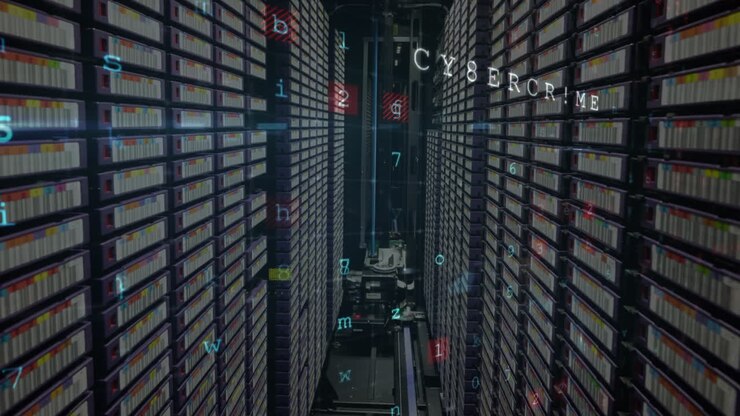 Animation of data processing and hacking texts over server room