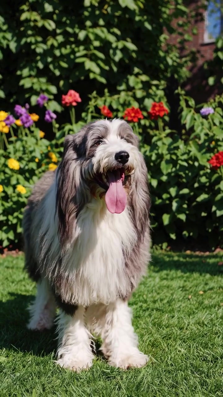 Happy Fluffy Dog with Tongue Out in a Vibrant Summer Garden