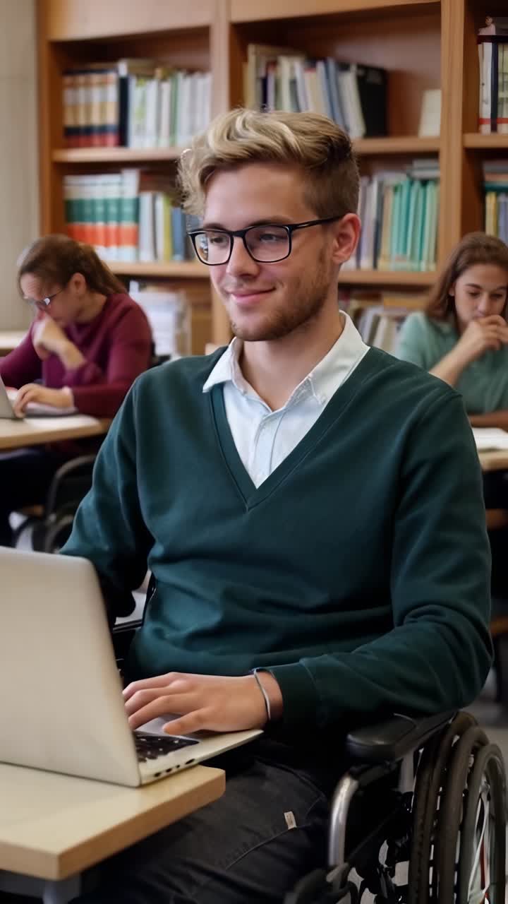 Giovane studente con disabilità seduto su una sedia a rotelle in biblioteca all'università.