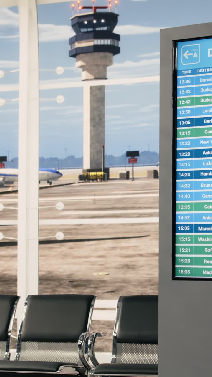 Sala de Espera Vacía del Aeropuerto con Vista a la Torre de Control y Avión Partiendo