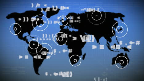símbolos matemáticos contra círculos pulsantes en el mapa del mundo