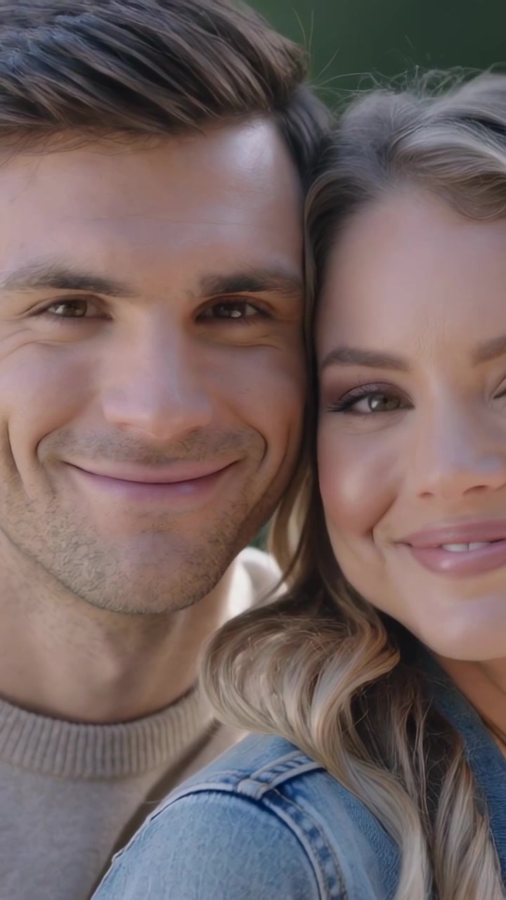 Vídeo vertical: Mulher sorrindo inclinando a cabeça enquanto um casal encosta as bochechas mostrando amor em um retrato com vestuário de malha e jeans.