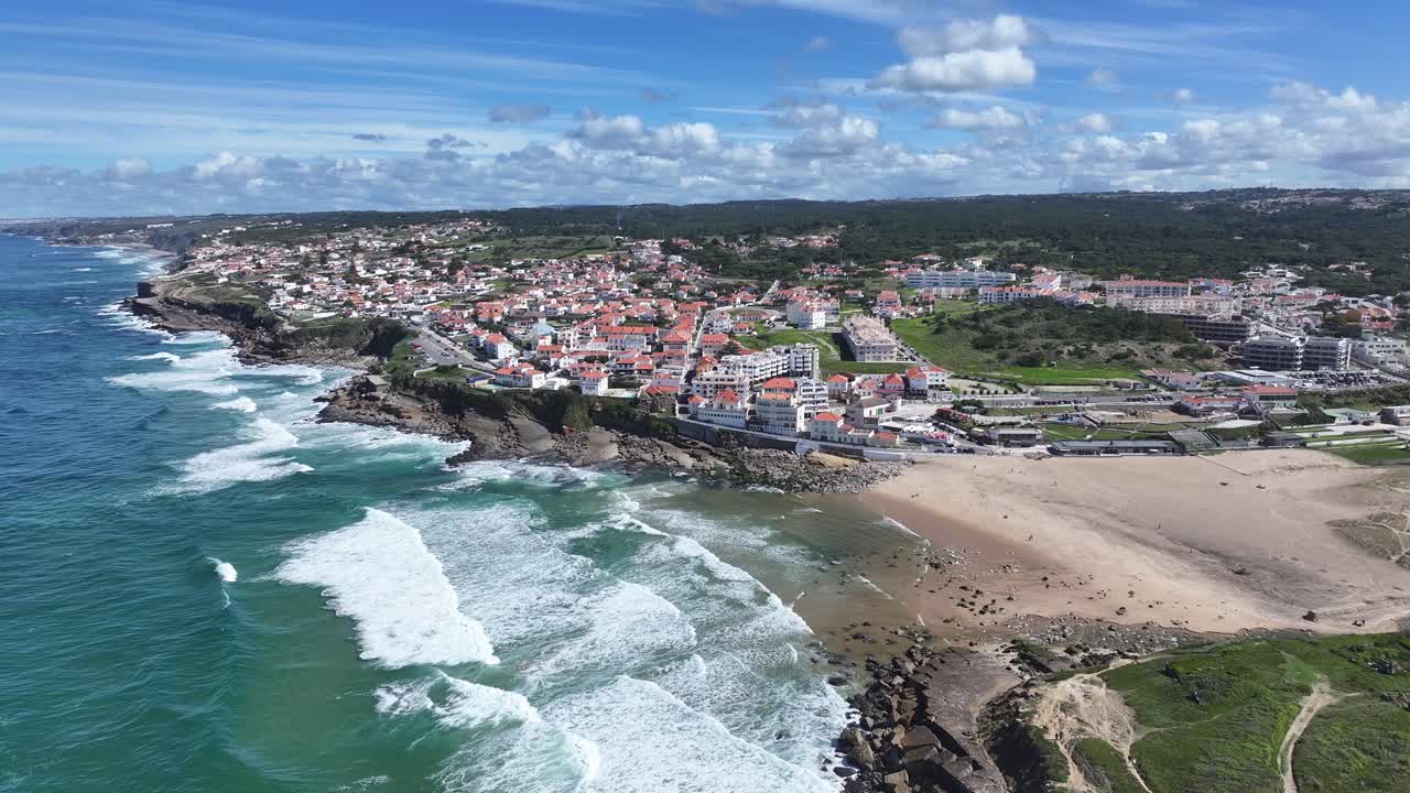 Apple Beach At Sintra In Lisbon District Portugal. Beach Landscape. Nature Seascape. Travel Destination. Apple Beach At Sintra In Lisbon District Portugal. Turquoise Water.