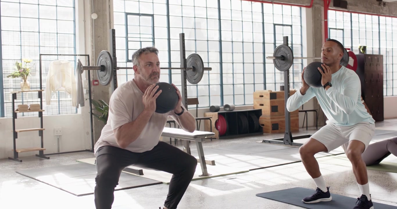 Partner diversi dopo il segnale eseguono goblet squat in palestra tenendo palle mediche mentre una donna fa esercizi per il core