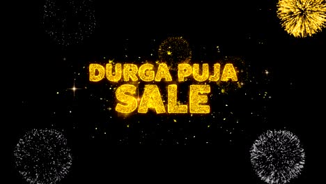 durga puja sale text reveal on glitter golden particles firework.