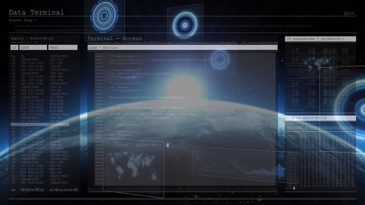 Animation of scopes scanning and data processing over digital screens and globe