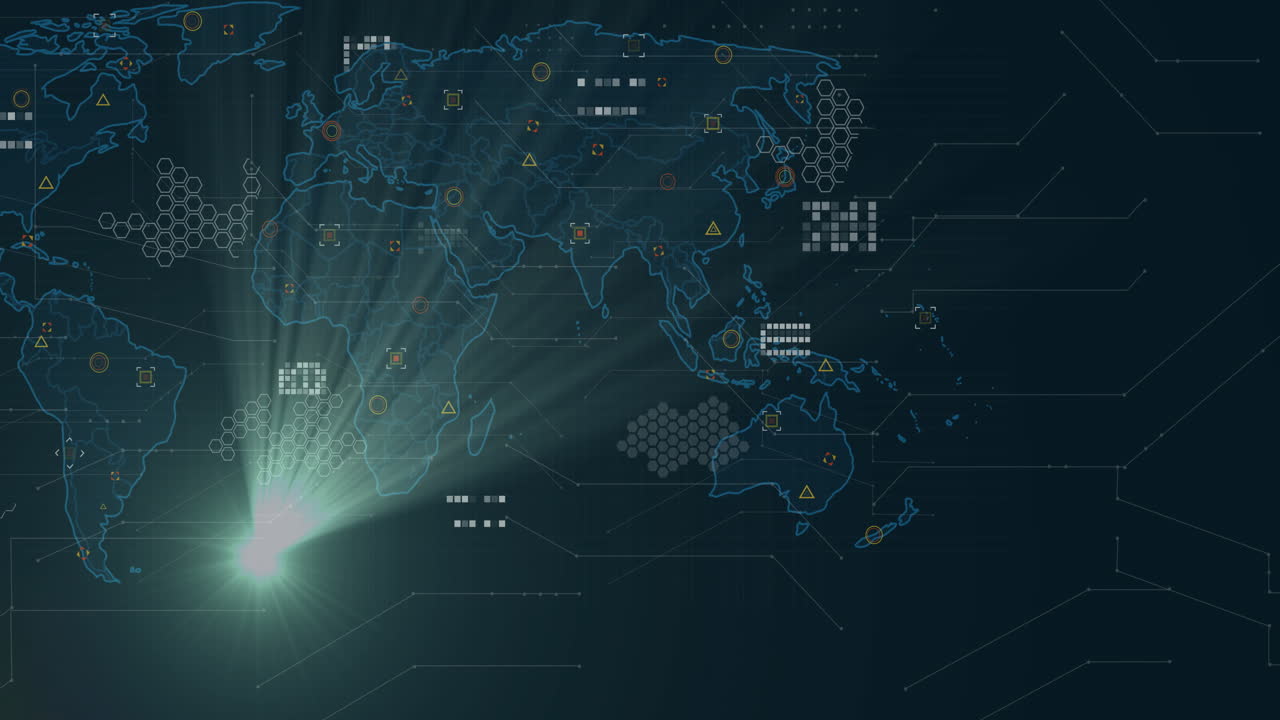 World map with digital data points and network connections animation