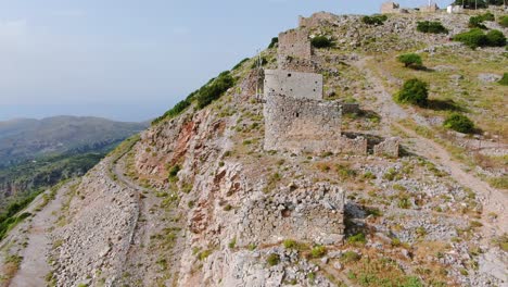 wide drone shot of ruins in spinalonga island, crete, greece