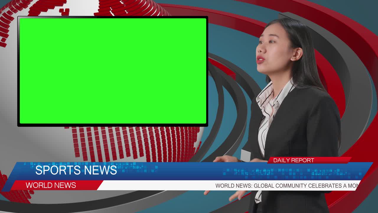 Side View Of Live News Studio With Asian Professional Female Anchor And Green Screen Television Reporting On The Events Of The Day