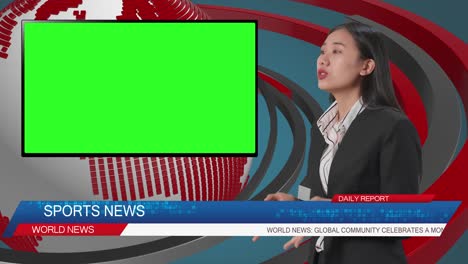 side view of live news studio with asian professional female anchor and green screen television reporting on the events of the day