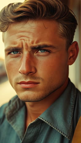 portrait of a young man standing by a vintage building during sunset