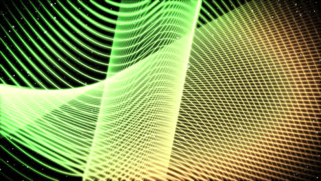 digital animation of snow falling over green light trails against black background