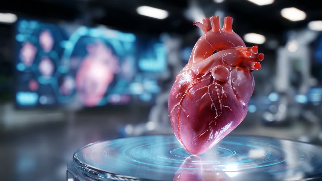 A Detailed Visual Representation of the Human Heart in a High-Tech Environment, Showcasing Modern Medical Displays and Annotations That Highlight Its Anatomical Features and Functions