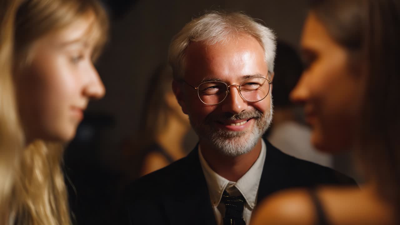 A man in glasses talking to people