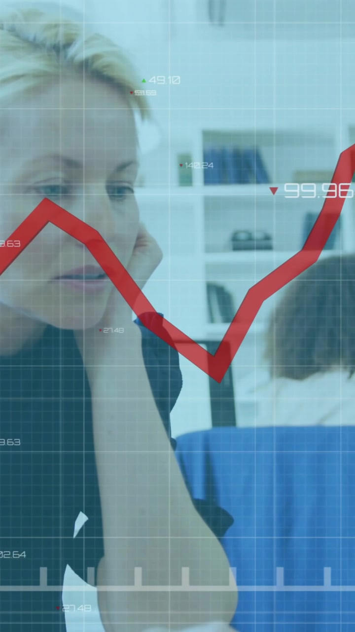 Animation of financial data processing over caucasian businesswoman in office