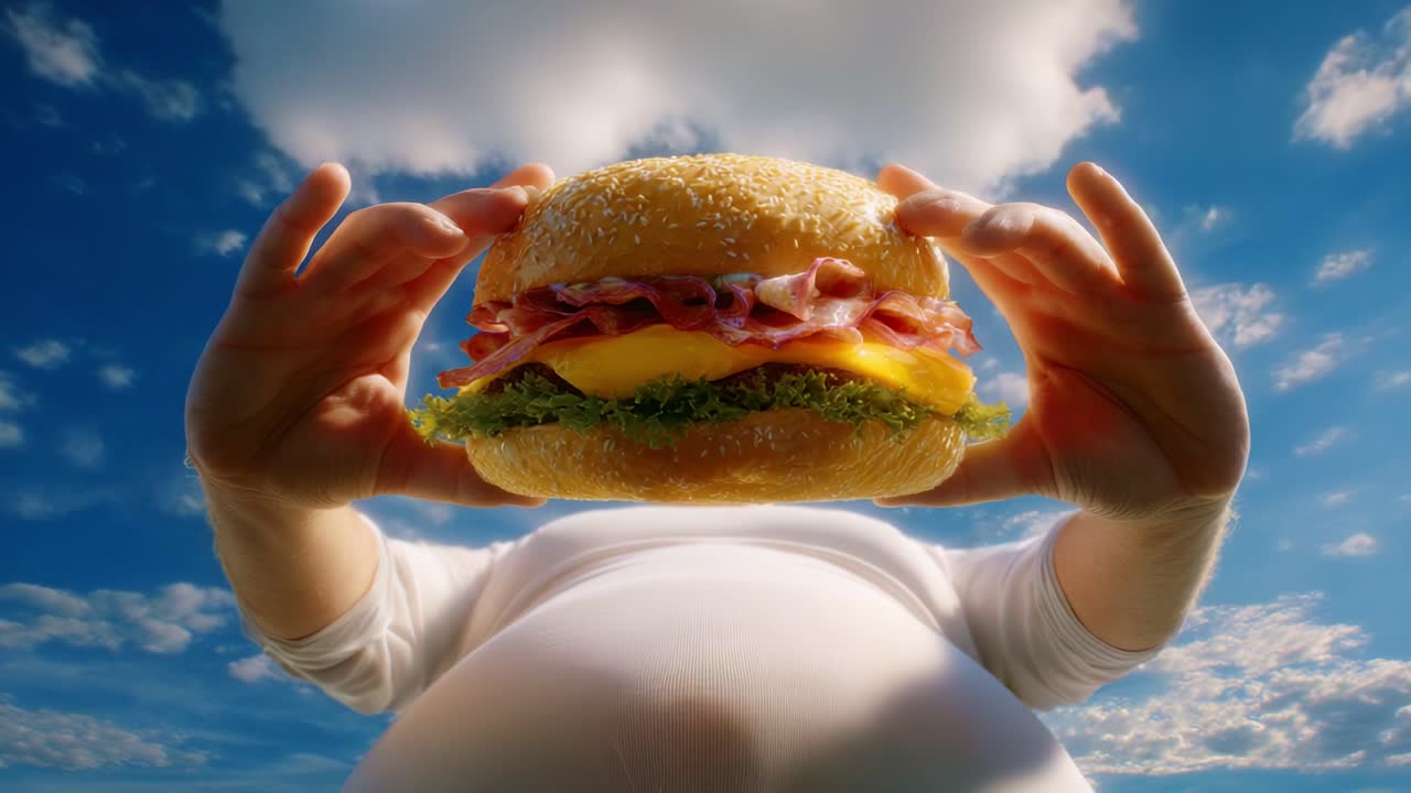 A Captivating Scene of a Bun-Laden Burger Held Above a Pregnant Belly Under the Expansive Sky, Showcasing Vibrant Colors and Inviting Textures in a Whimsical Setting