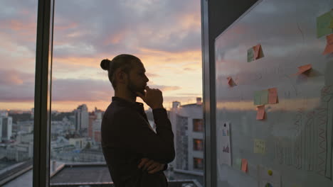 Manager-Silhouette,-Die-Projekt-Sonnenuntergang-Raum-Denkt.-Geschäftsteam-Plant-Gemeinsam