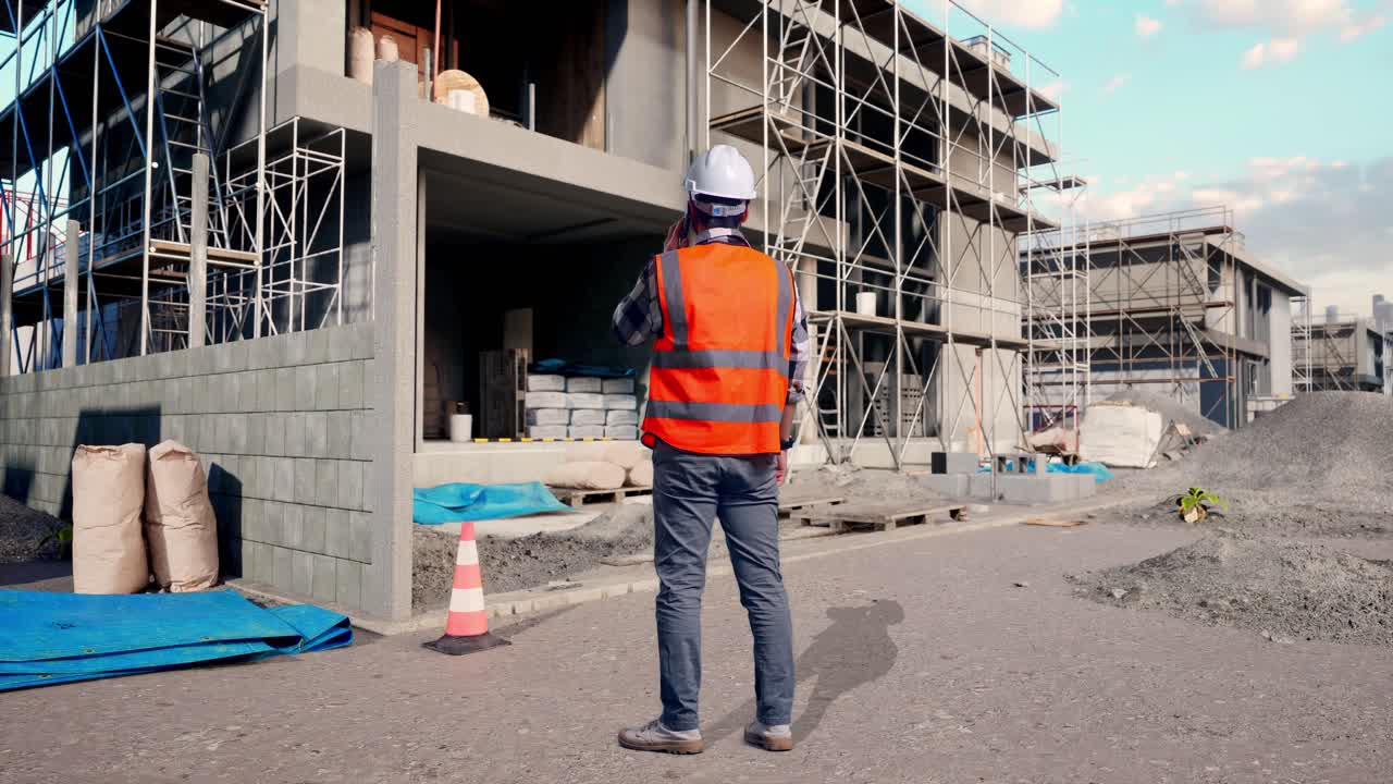 Full Body Back View Of Asian Male Engineer With Safety Helmet Talking On Smartphone While Standing At Building & Construction Site in Progress to New House