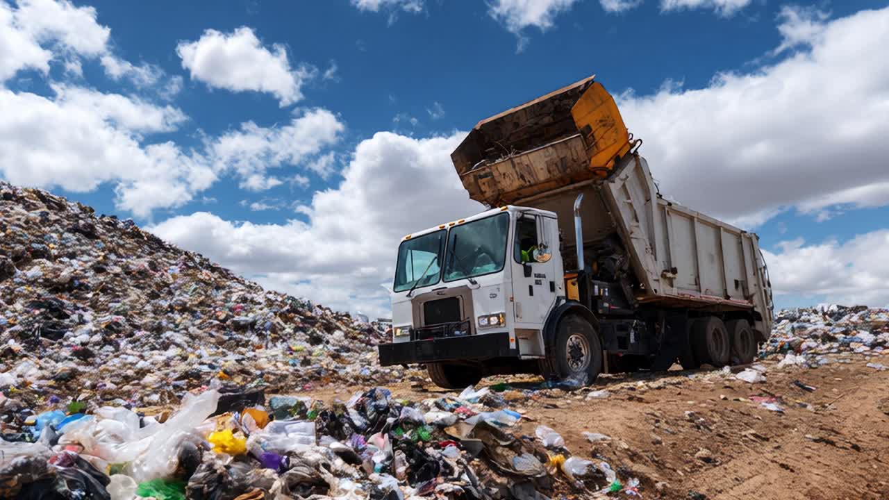 A Waste Collection Vehicle Disposing Refuse at a Landfill Surrounded by Mountains of Trash Under a Bright Sky, Highlighting the Challenges of Waste Management and Environmental Issues in Urban Settings