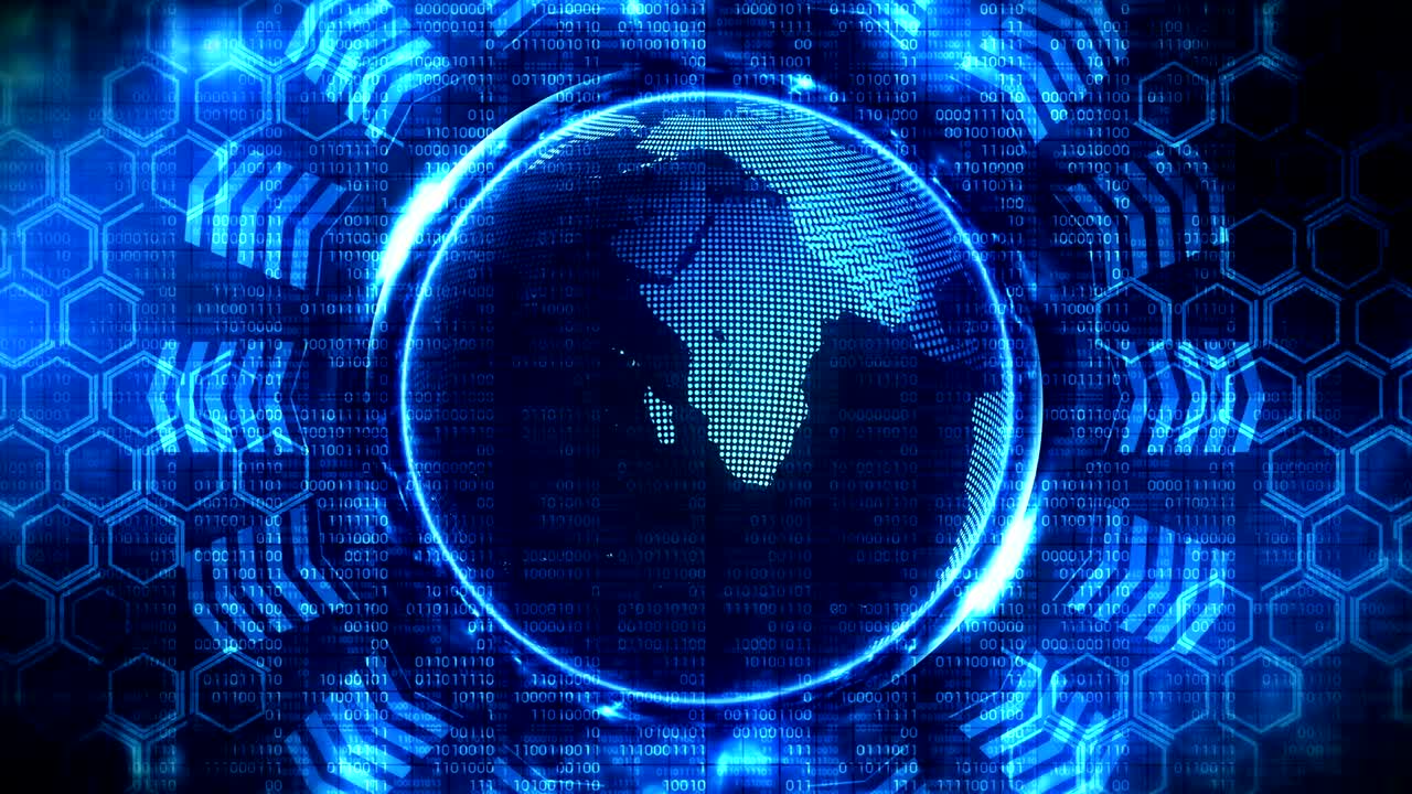 globo terrestre 3d con fondo de alta tecnología de negocios. animación de bucle de flecha de gráfico. diseño geométrico hexagonal y fondo de números binarios.