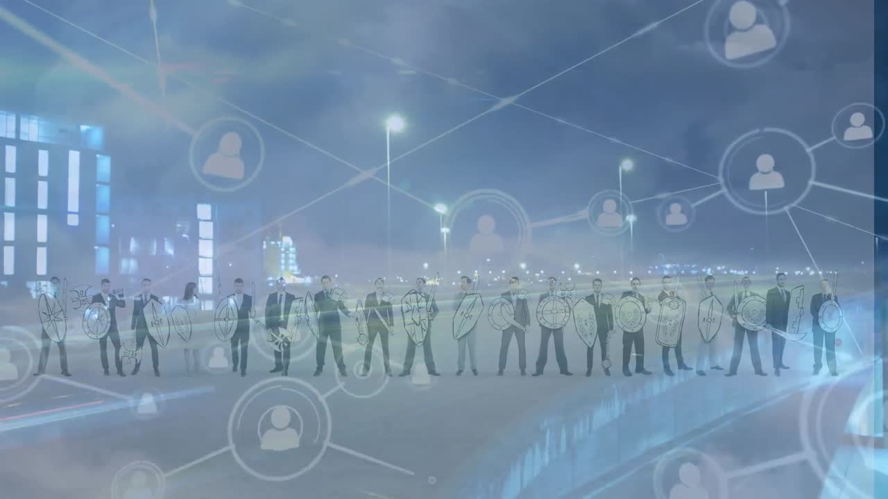 도시 풍경에 대한 다양한 사람들과 연결망의 애니메이션